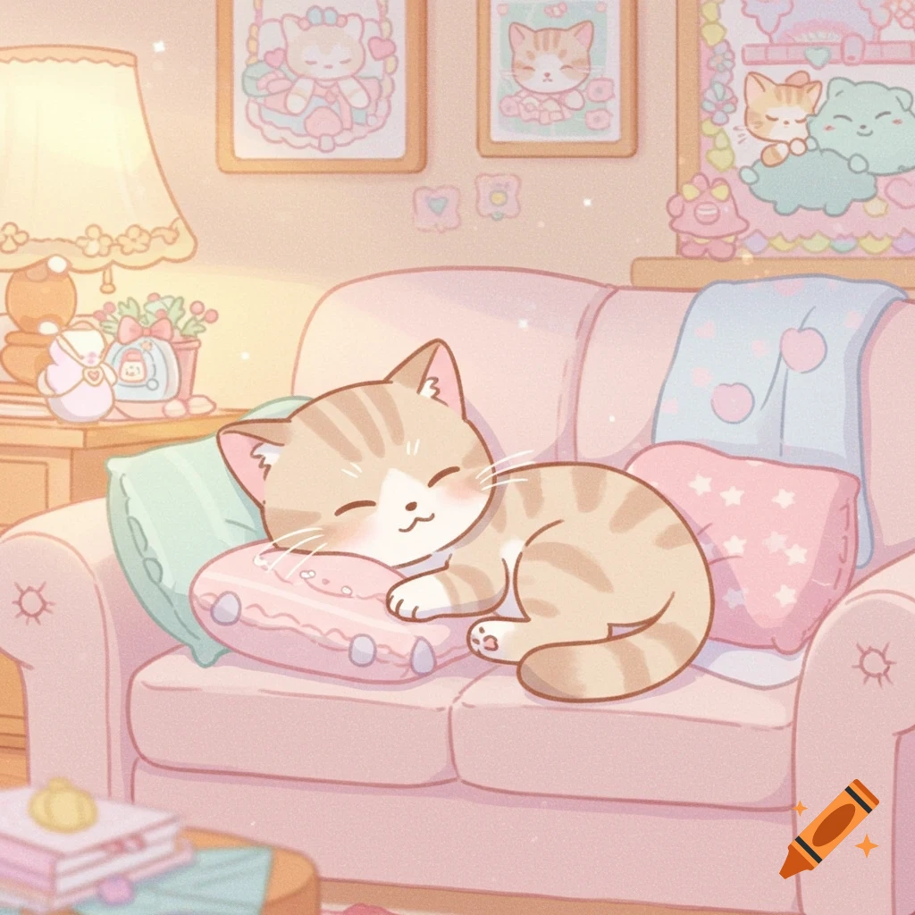 A cute kawaii-style cartoon kitten sleeps peacefully on a light pink couch in a pastel-colored, cozy room.