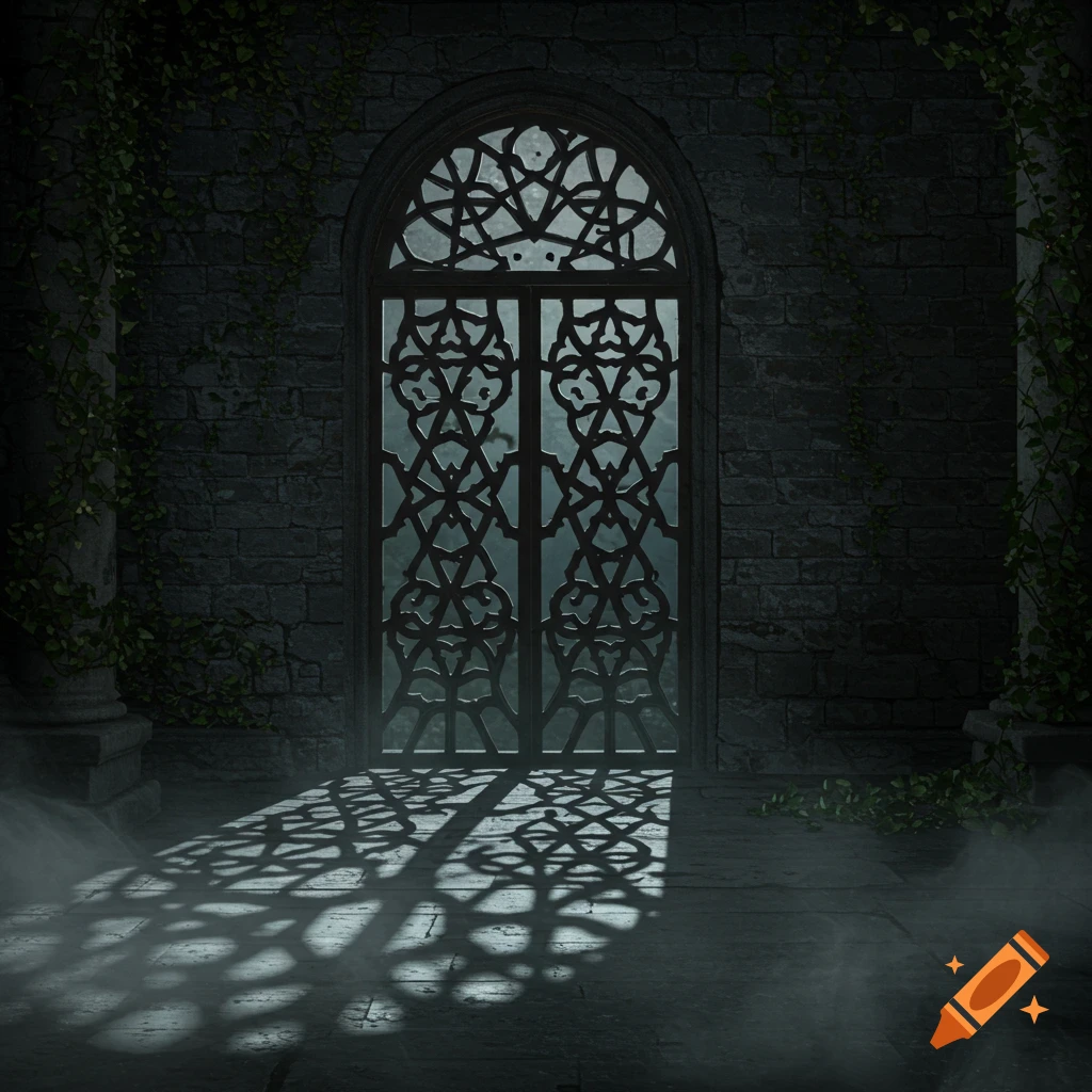 A dramatic gothic arched window with intricate patterns casts shadows on a stone floor in a dark room with ivy-covered walls.