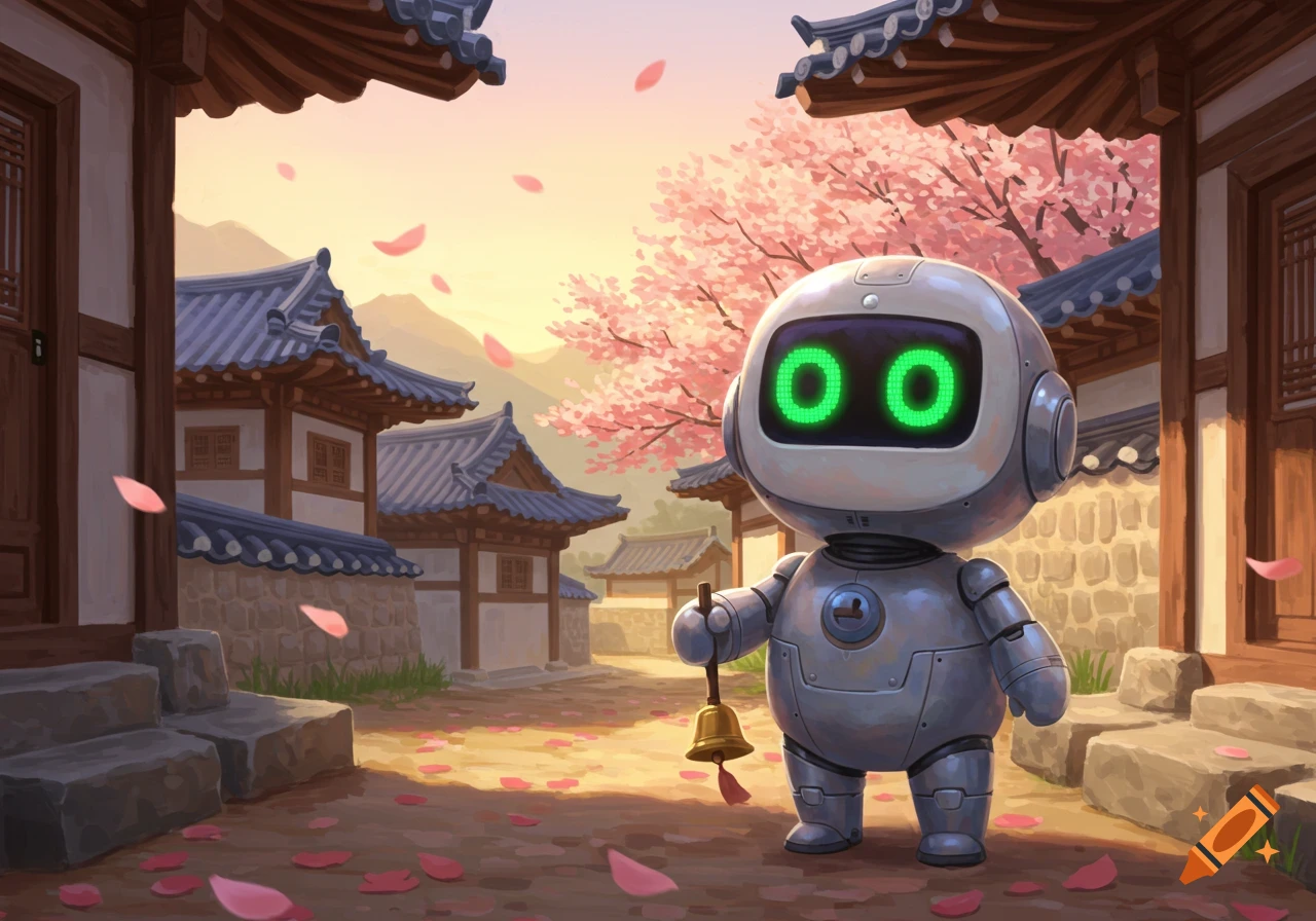 A cute robot holds a small bell in a traditional Korean village with falling pink cherry blossoms.