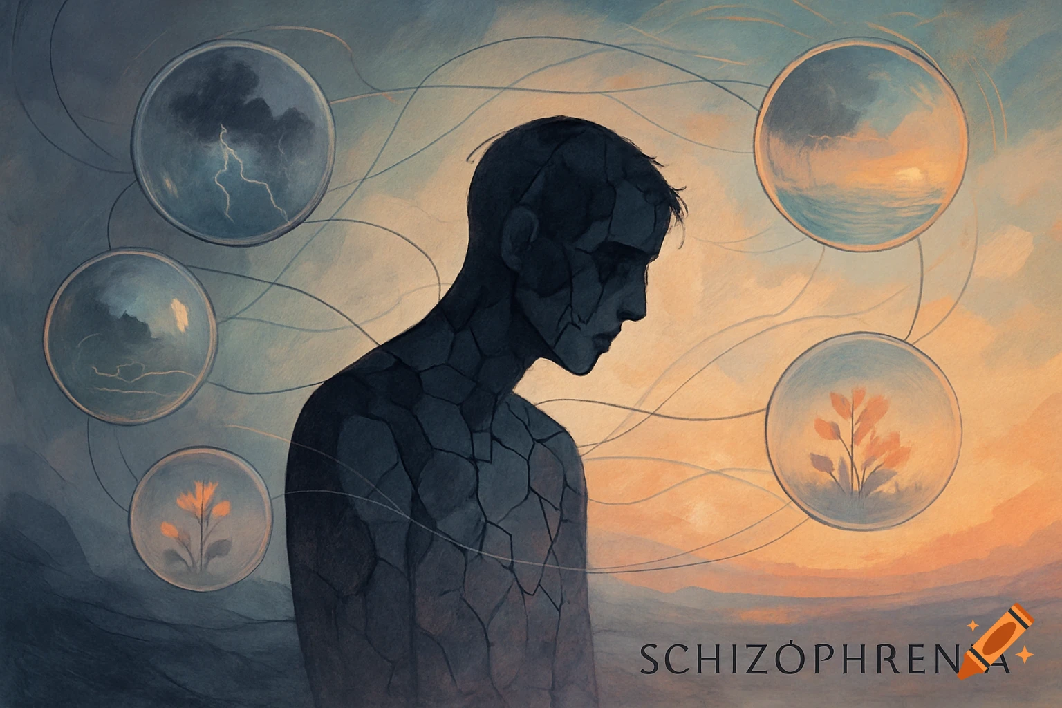 A solemn, cracked figure against a sunset, surrounded by spheres containing storms, calm seas, and plants, symbolizing mental states.