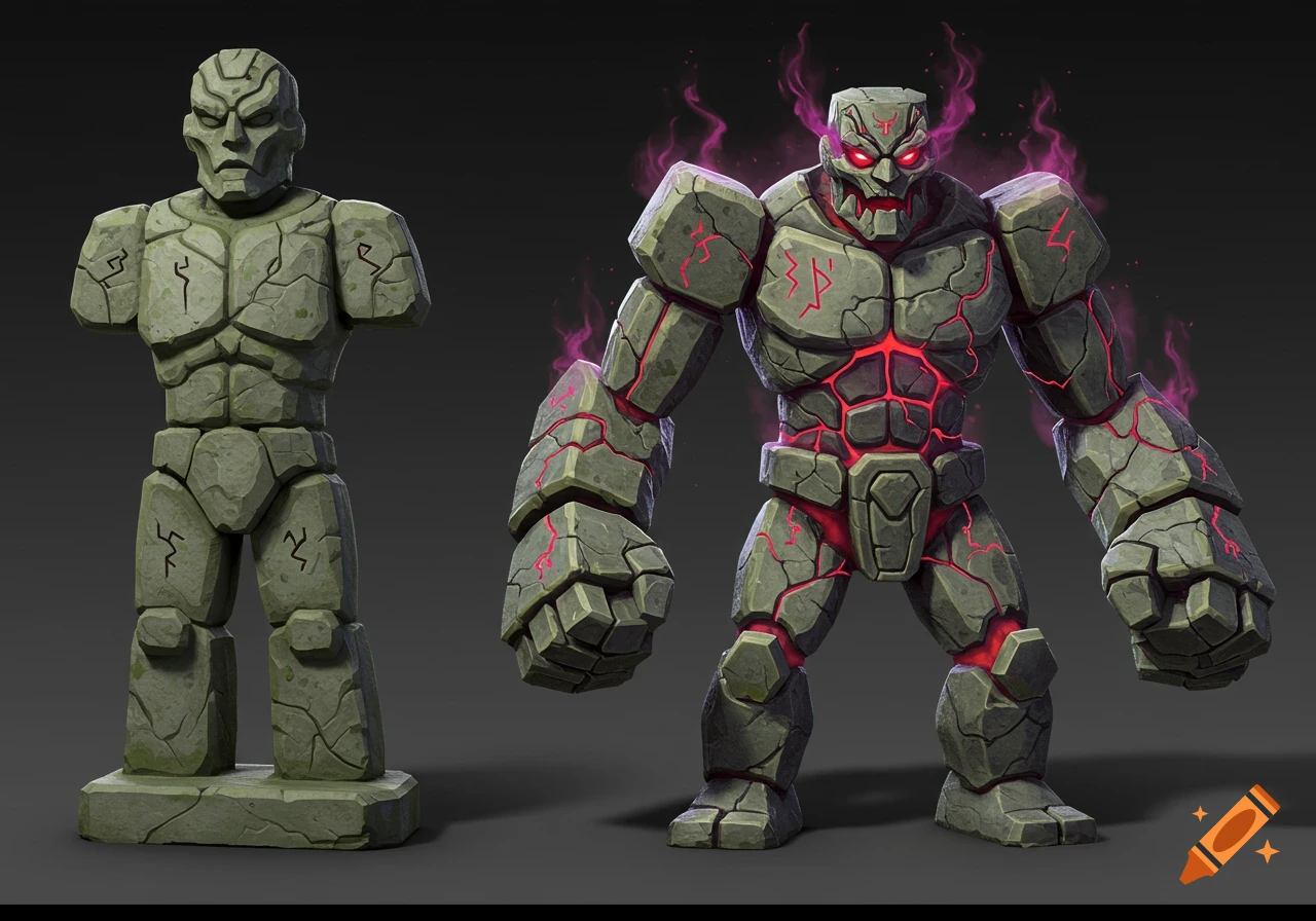 An inactive stone statue next to an awakened stone golem with glowing red cracks and purple energy, in a game art style.
