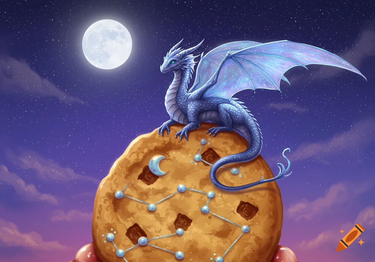 A sparkling blue dragon sits on a large chocolate chip cookie with celestial decorations, under a full moon in a starry night sky. Illustrated fantasy art.