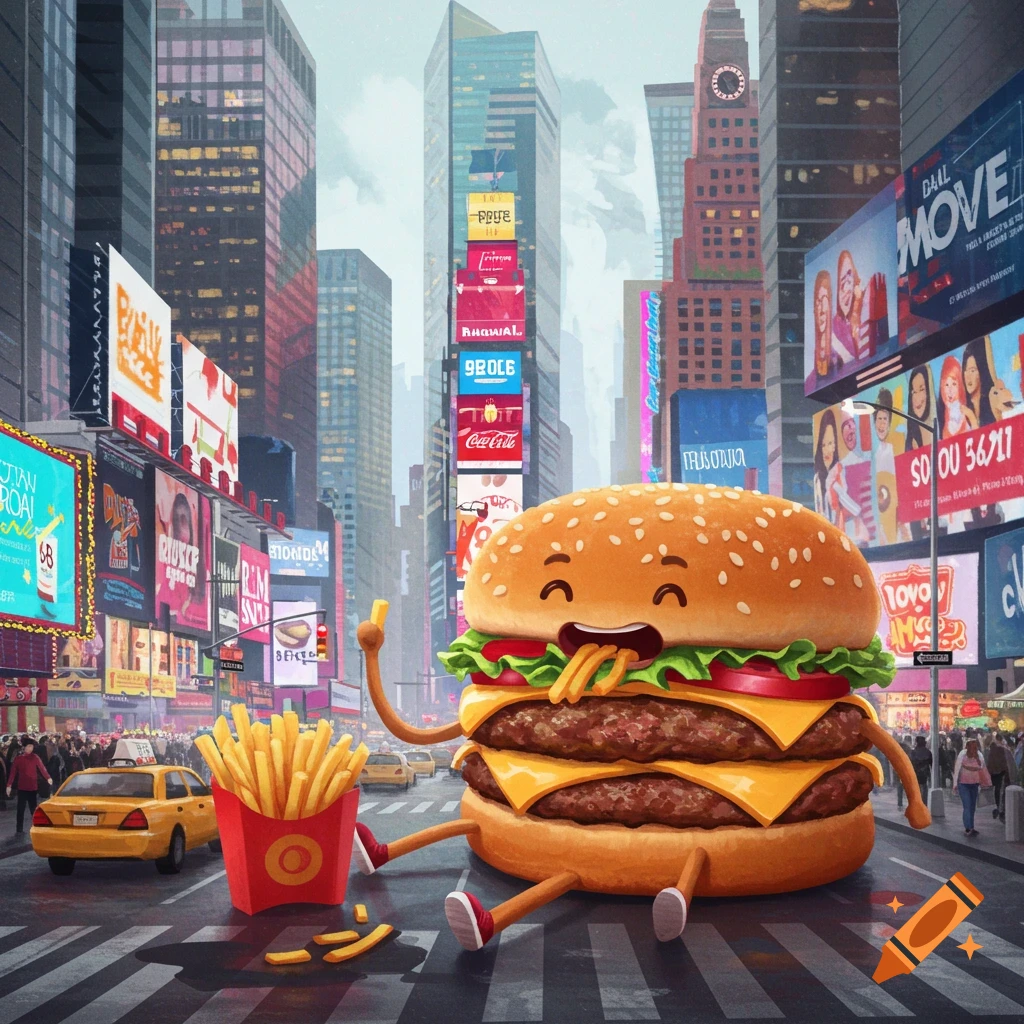 A cartoon double cheeseburger with arms and legs sits on a Times Square street, eating french fries. Yellow cabs and pedestrians are in the busy city background.