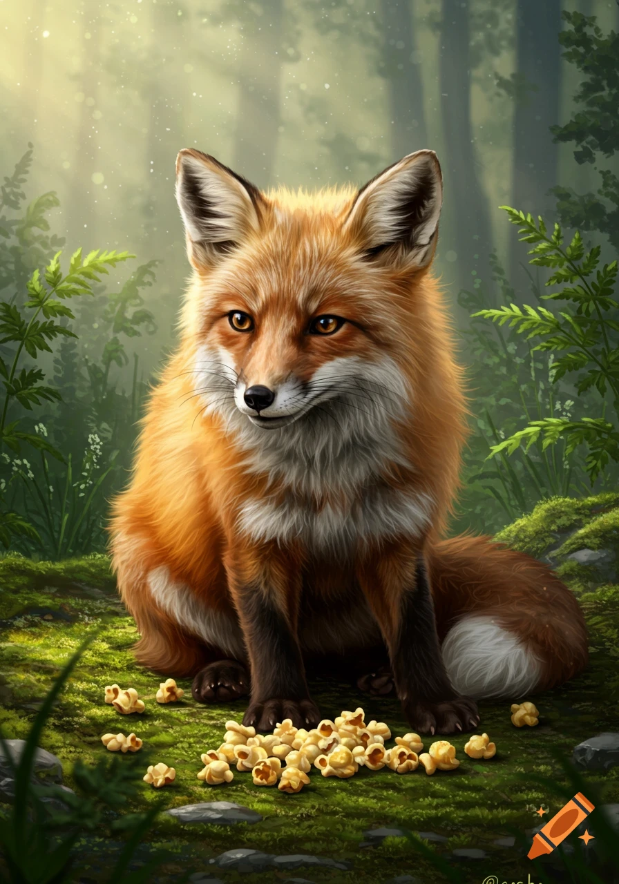 A realistic digital painting of a red fox sitting in a forest with a pile of popcorn on the mossy ground.