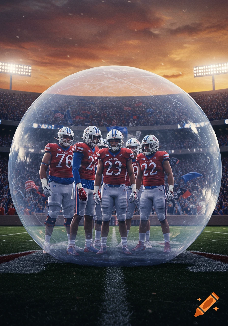Five football players in red and white uniforms stand inside a large transparent bubble on a stadium field at sunset.