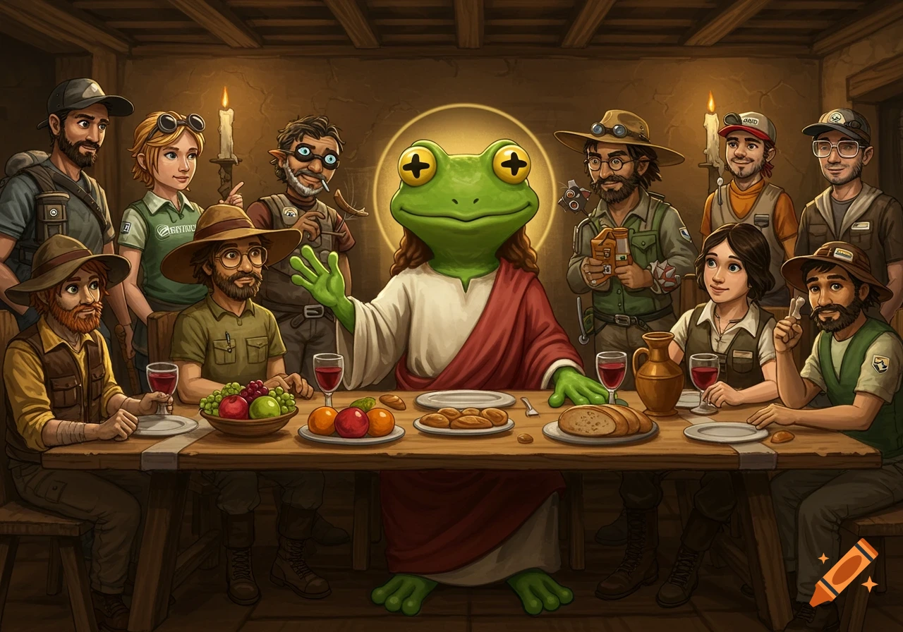 A cartoon frog figure resembling Jesus at a last supper-style table with twelve human adventurers dressed in outdoor gear.