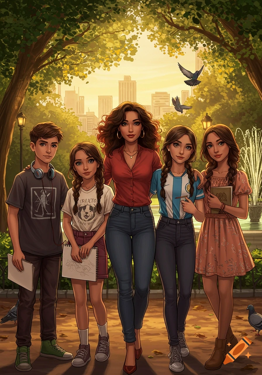 A stylized illustration of a woman and four teenagers standing in a park with a city skyline in the background.