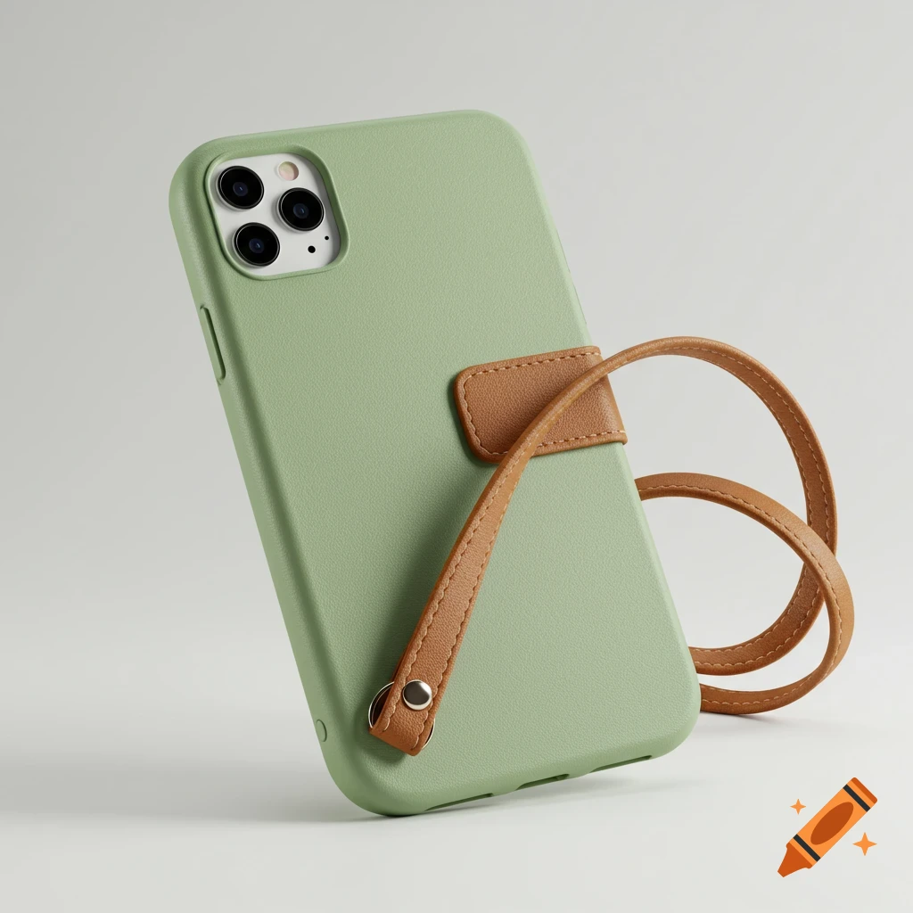 A photorealistic close-up of a light moss green iPhone case with a sienna brown leather wrist strap against a white background.