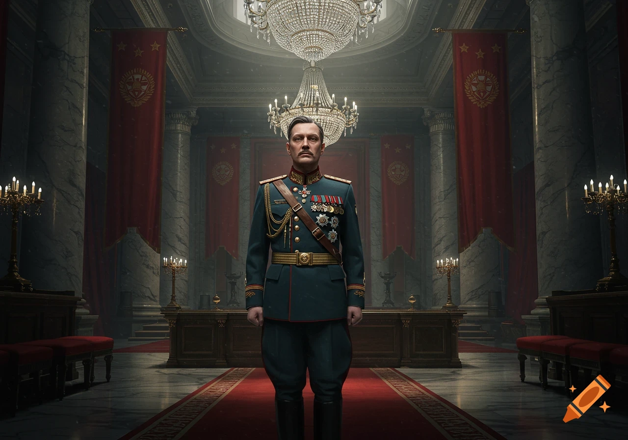 A man in a dark green military uniform with medals and a mustache stands on a red carpet in a grand, marble hall with chandeliers and red banners.