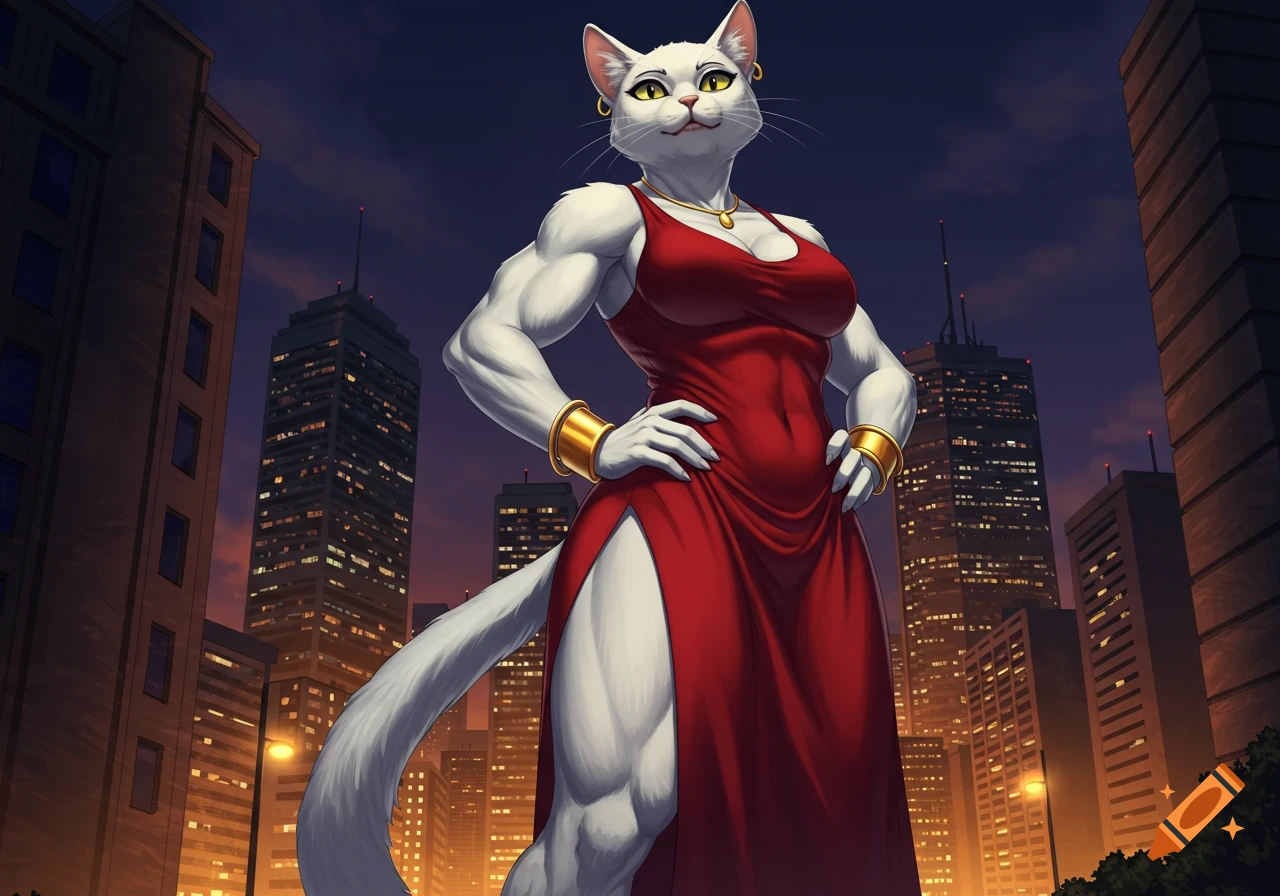 A powerful, muscular anthropomorphic white cat in a red dress with golden jewelry, posing against a nighttime skyscraper backdrop.