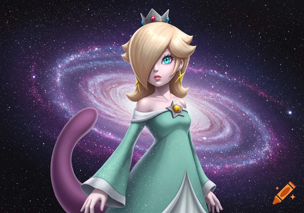 An anime illustration of Rosalina with a purple Mewtwo tail, in a mint green dress and crown, against a swirling galaxy.