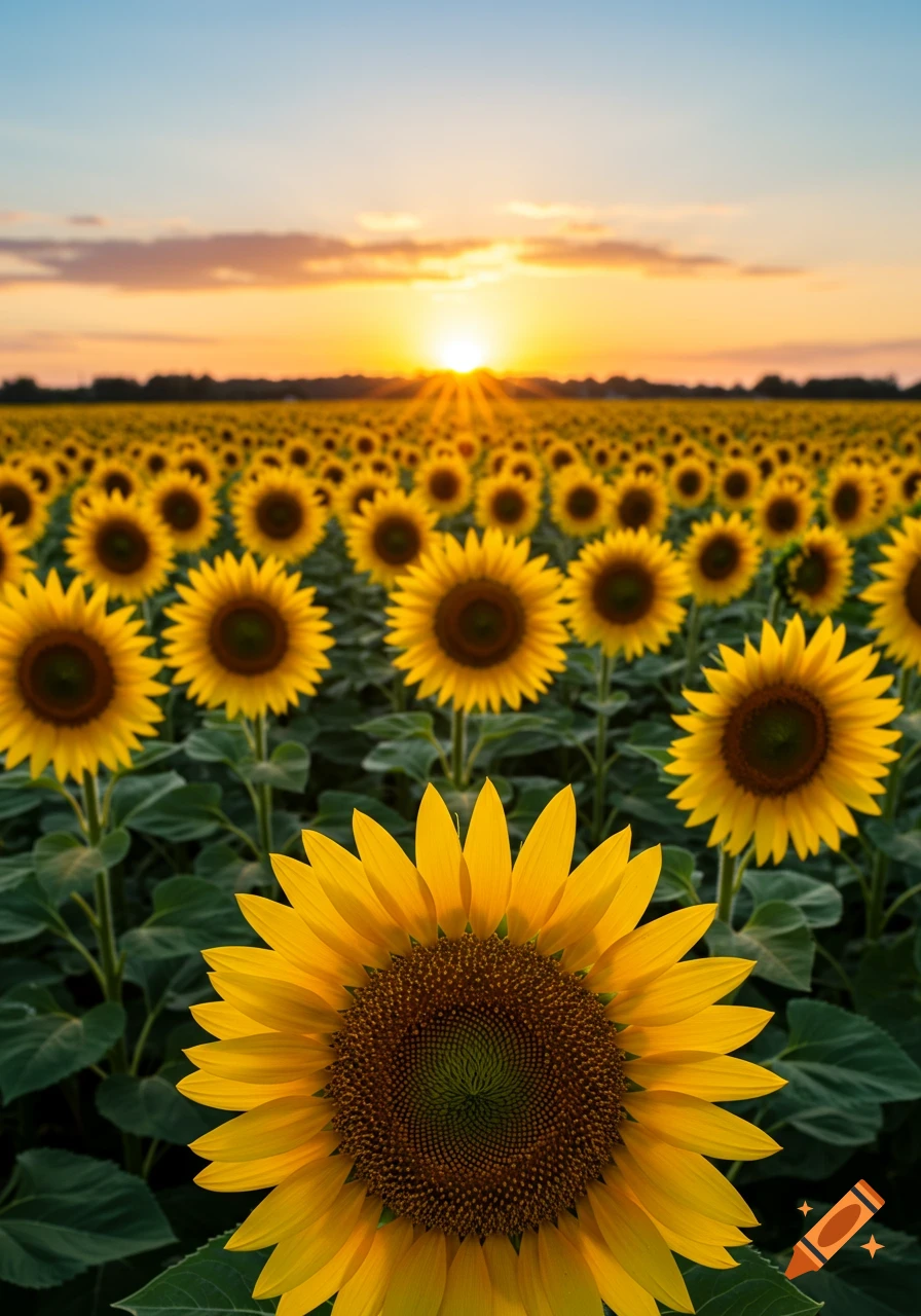 A field of bright yellow sunflowers stretches towards a setting sun, which glows golden on the horizon under a clear sky.