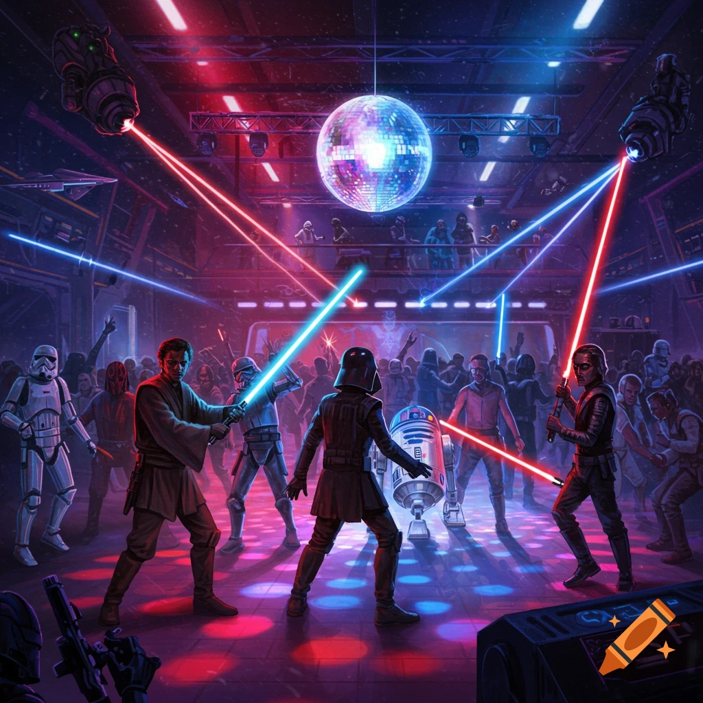Star Wars characters including a Jedi, Darth Vader, Stormtroopers, and R2-D2, party under a disco ball and laser lights in a vibrant rave.