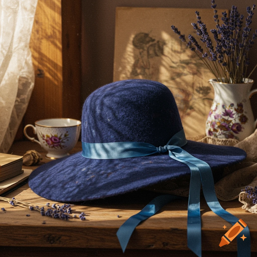 A blue wide-brimmed hat with a light blue ribbon sits on a wooden table, surrounded by lavender sprigs and vintage teaware.