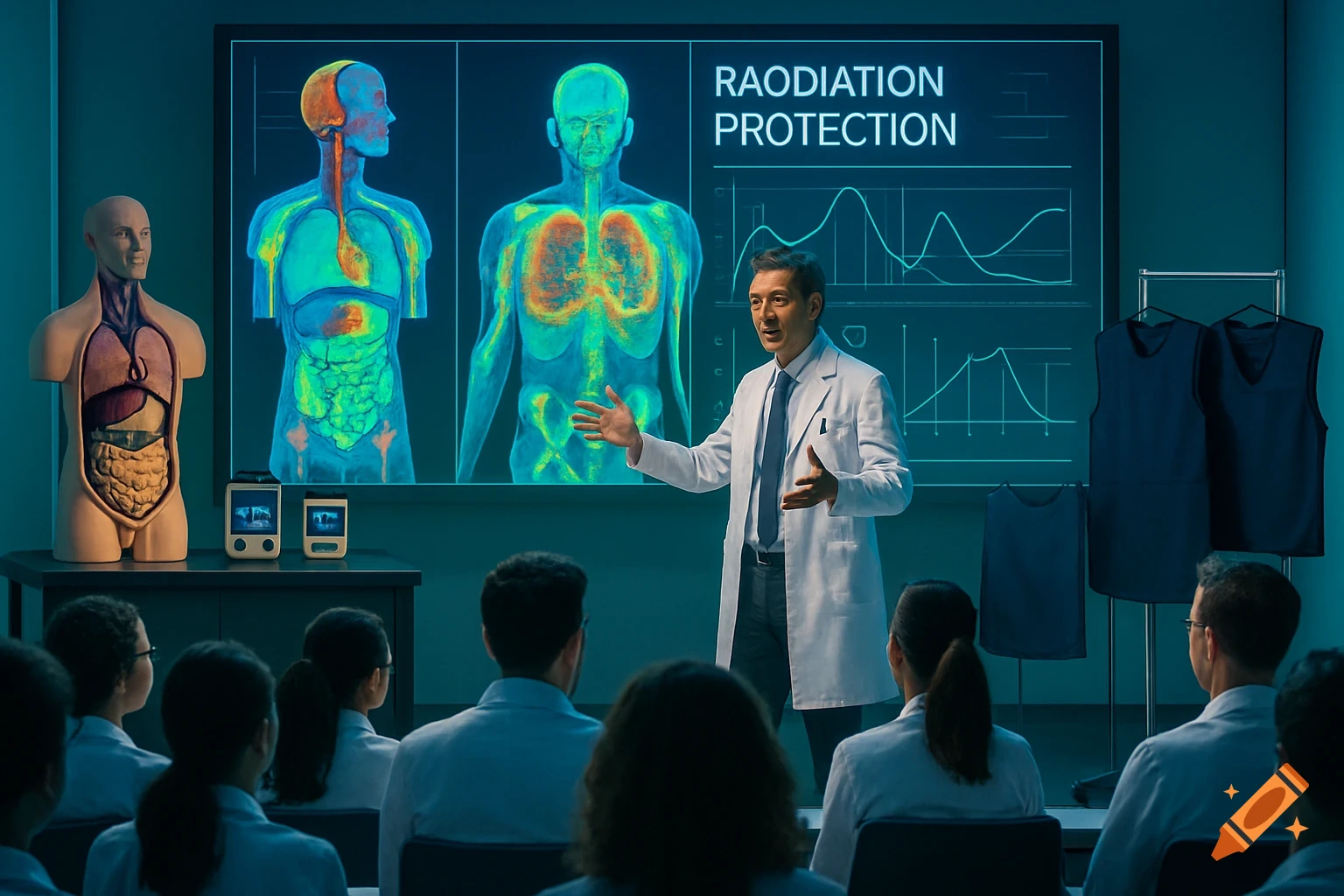 A doctor lectures to students on radiation protection, standing before a screen with anatomical scans and text. An anatomical model is to his left.