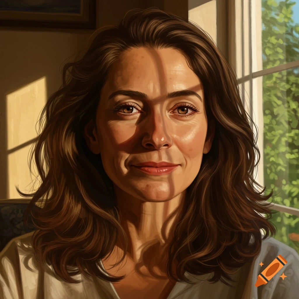 A close-up portrait painting of a smiling woman with brown hair and eyes, illuminated by sunlight from a window.