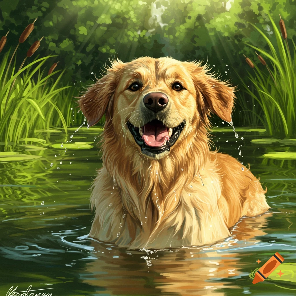 A happy golden retriever dog swims in green water, surrounded by reeds and lily pads, with sunlight shining through trees.