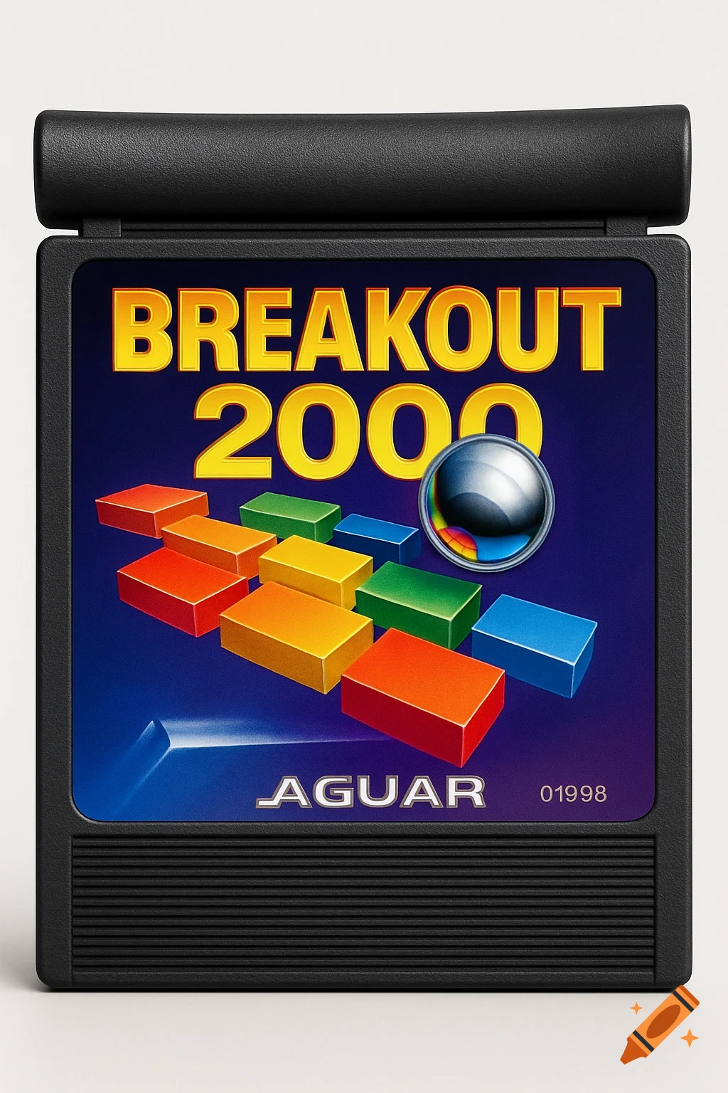 Atari Jaguar Breakout 2000 game cartridge, featuring colorful 3D blocks and a metallic ball on a blue label.