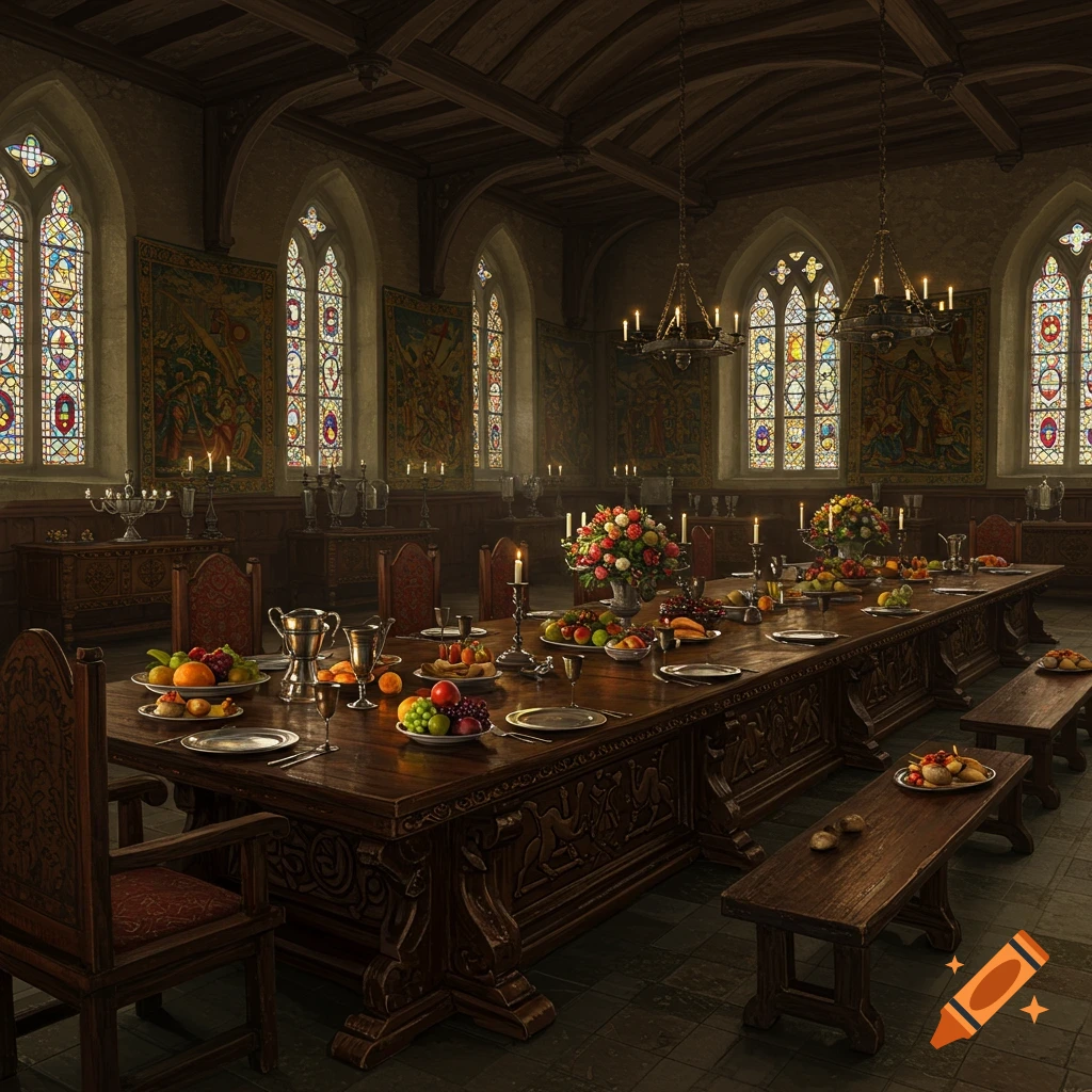 A grand medieval-renaissance dining hall in an old palace, with a long wooden table set with food, stained glass windows, and chandeliers.