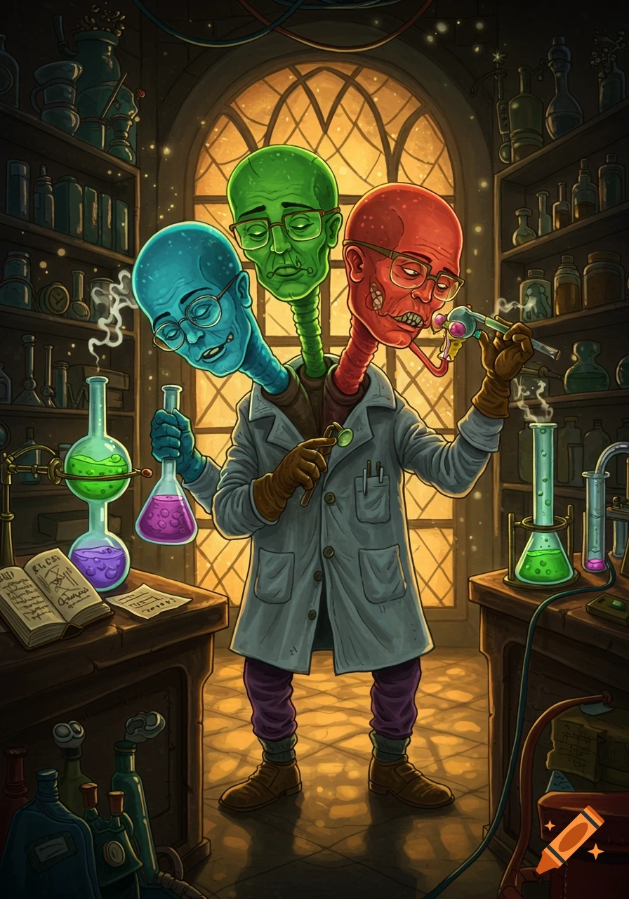 A vibrant, cartoonish three-headed scientist in a lab coat mixes colorful chemicals in a dimly lit, old-fashioned laboratory.