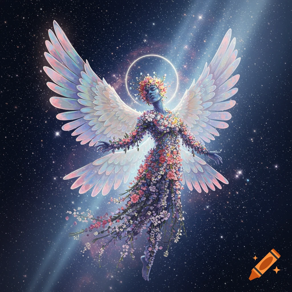 A majestic flower celestial being with iridescent wings and a blue face floats in a starry cosmic sky, bathed in light.