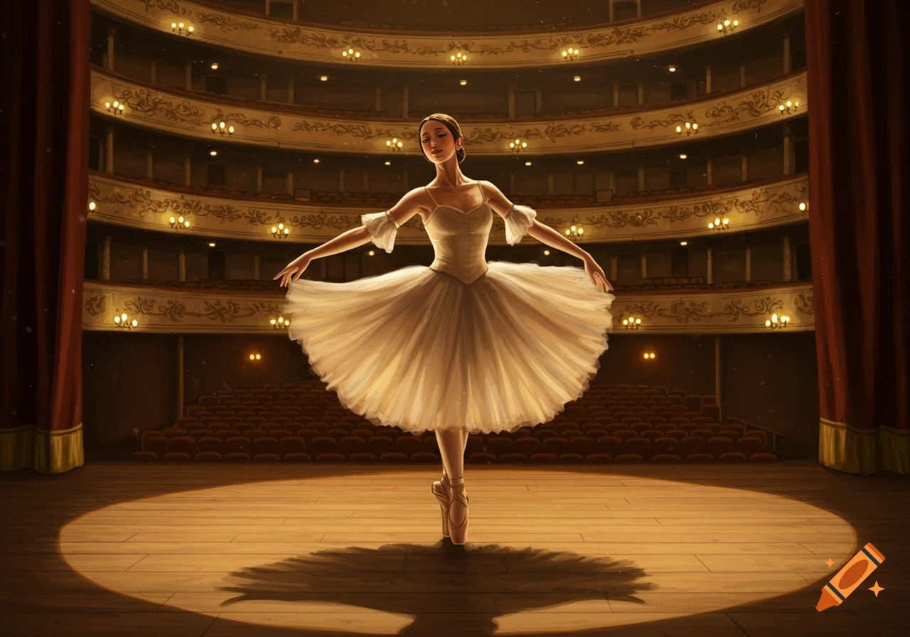 A ballerina in a white tutu on pointe, performing under a spotlight on a wooden stage in a grand, ornate theater with empty seats.