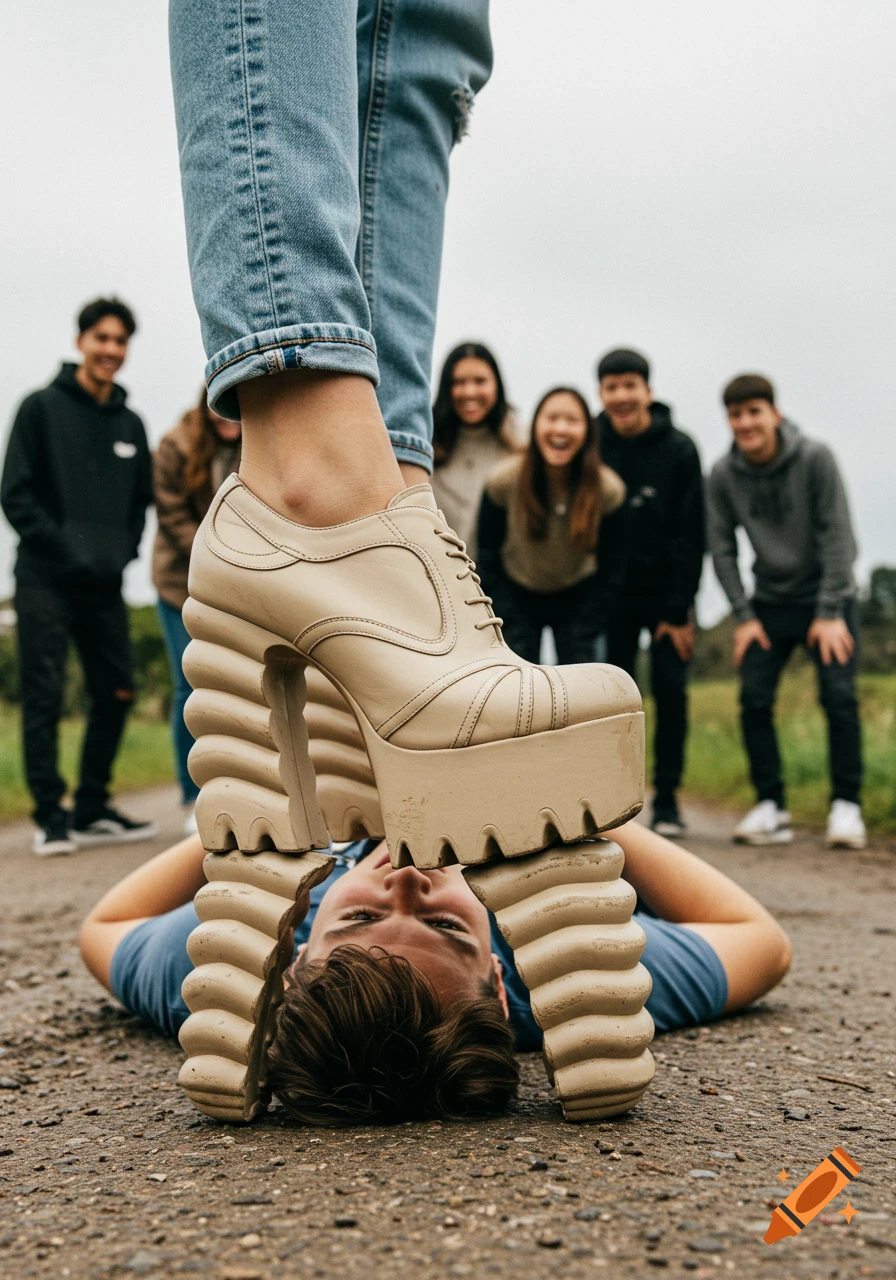 Close-up of a person's foot in a beige chunky platform shoe resting on a young man's head lying on a country road, with laughing friends in the blurry background.