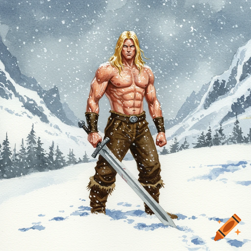 A muscular blonde fantasy barbarian, shirtless and wearing brown trousers, holds a sword while standing in a snowy mountain landscape, depicted in a watercolor style.