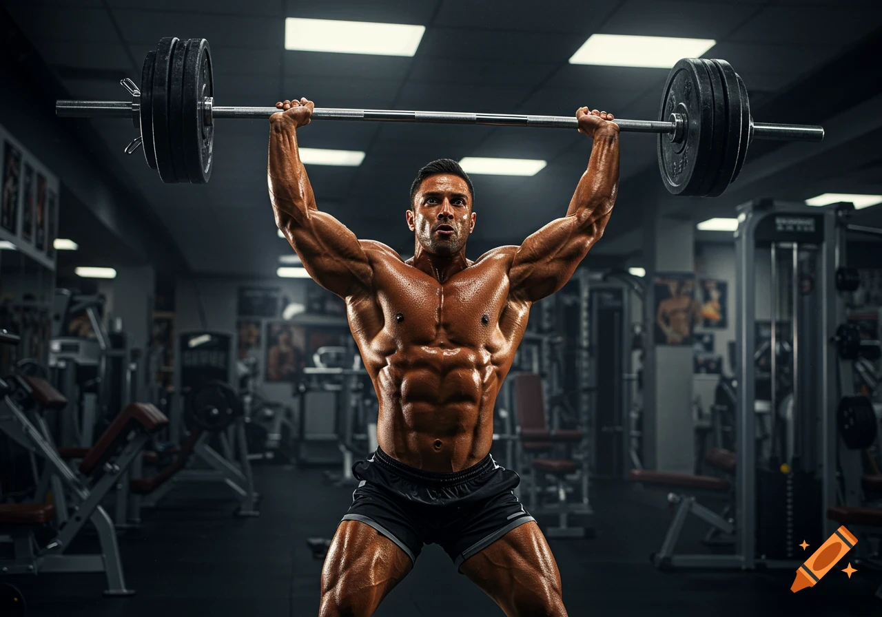 A muscular bodybuilder in black shorts lifts a barbell overhead in a gym, sweat glistening on his body.