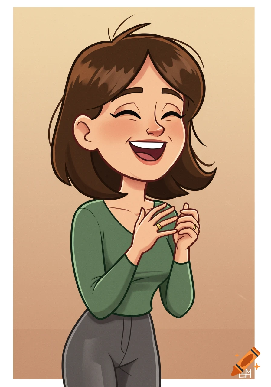 Cartoon illustration of a woman with short brown hair, laughing with closed eyes, wearing a green top, gray trousers, and an engagement ring.
