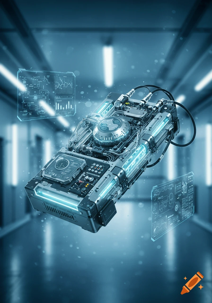 A futuristic, detailed pilot hardware device with glowing blue lights, cables, and holographic screens, floating in a blue-lit corridor.