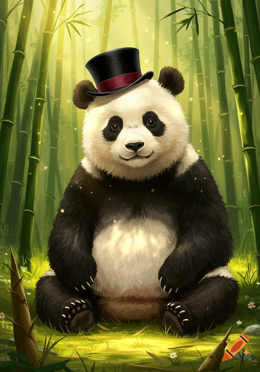 A cute panda wearing a black top hat with a red band, sitting in a glowing bamboo forest, illustrated in a whimsical style.