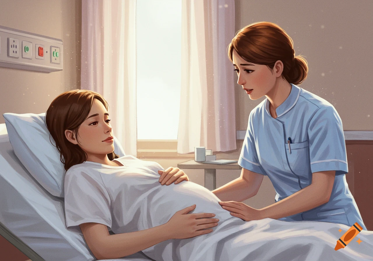 An illustrated scene of a nurse comforting a pregnant woman lying in a hospital bed.