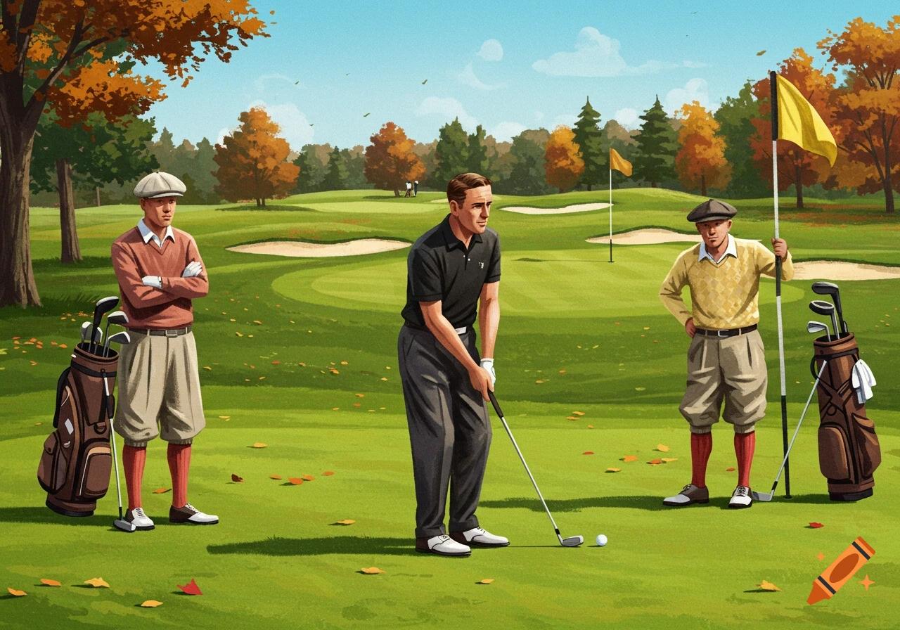 An illustration of three men playing golf on an autumn course, with one preparing to swing and two watching.