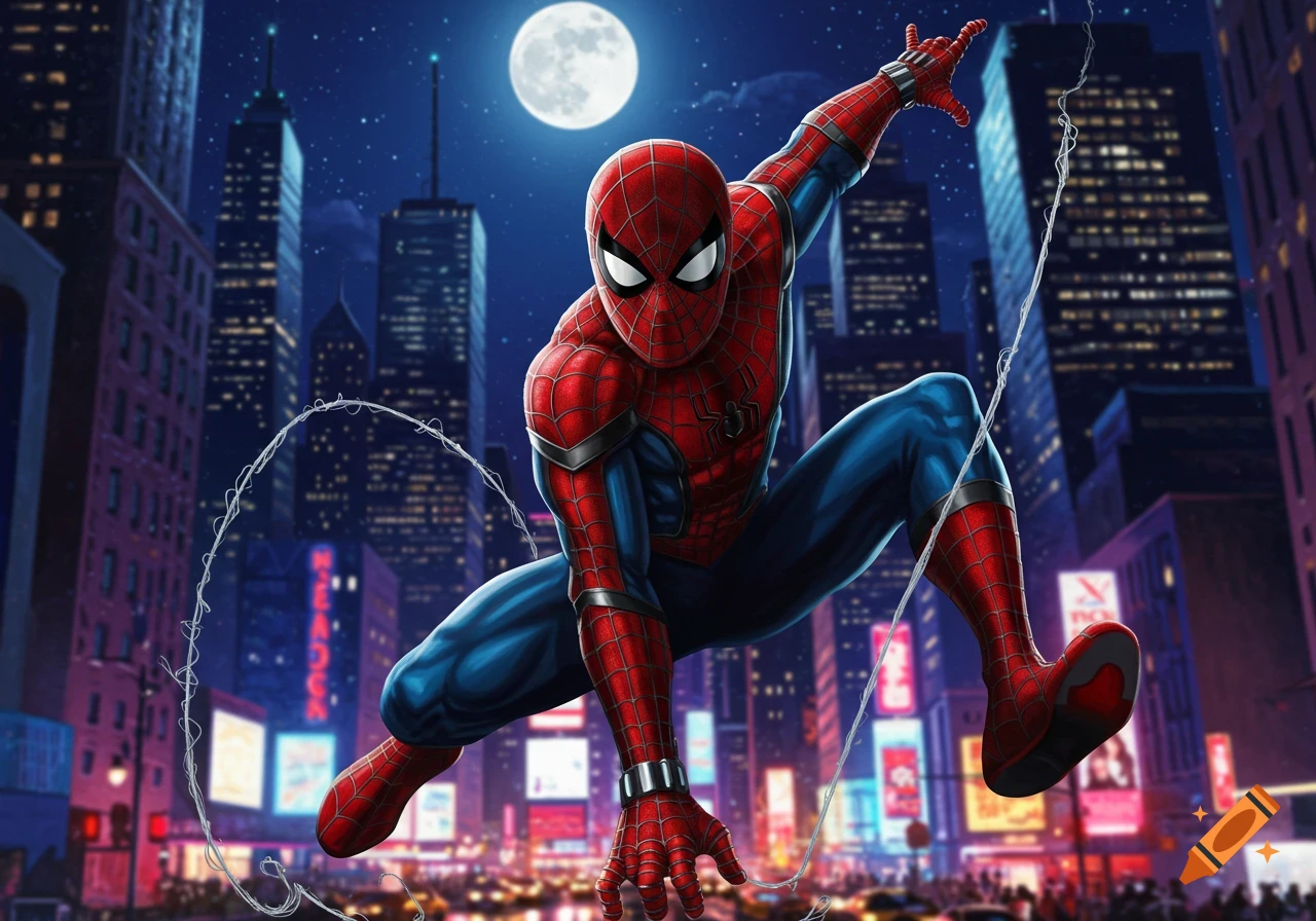 Spider-Man in a dynamic pose, web-slinging across a vibrant, moonlit city skyline at night.