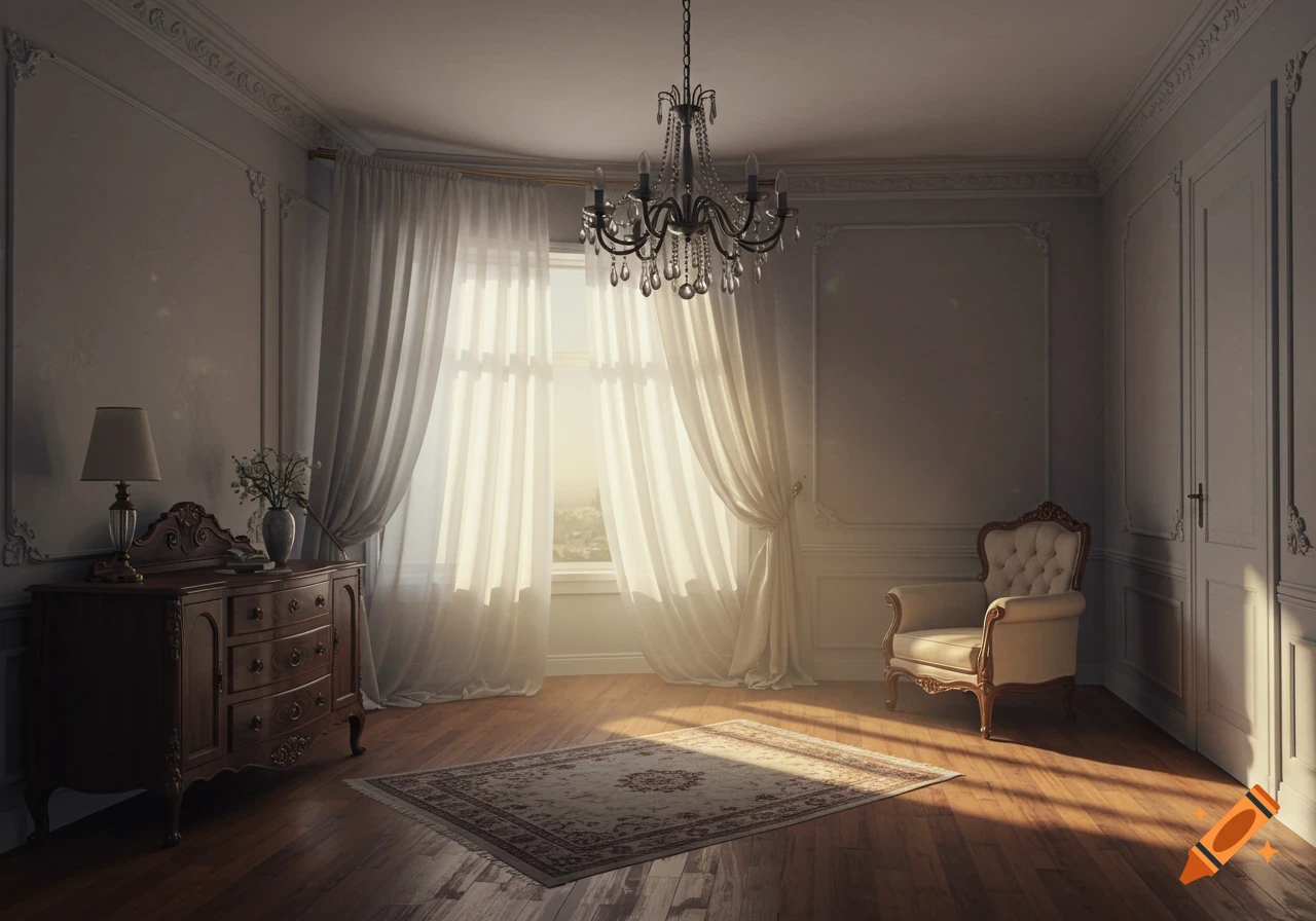 An empty, elegant classical room with ornate moldings, a chandelier, dresser, and armchair. Sunlight streams through sheer curtains onto a patterned rug.