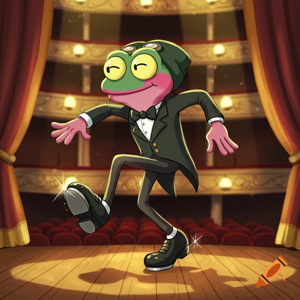A cartoon frog, Sprig Plantar, tap dancing in a tuxedo and black tap shoes on a brightly lit theater stage.
