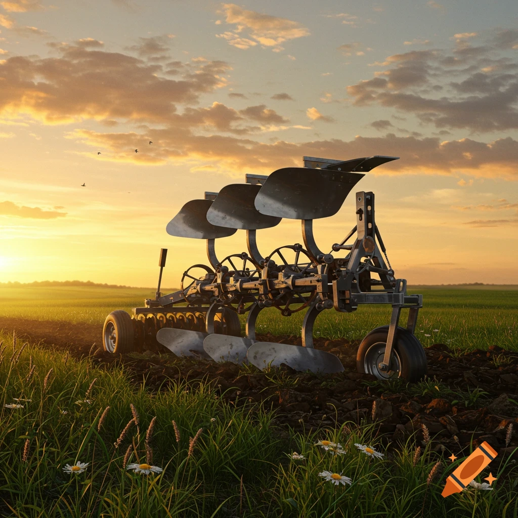 Photorealistic image of a large, metal plow with three blades in a tilled field at sunset, with tall grass and daisies in the foreground.