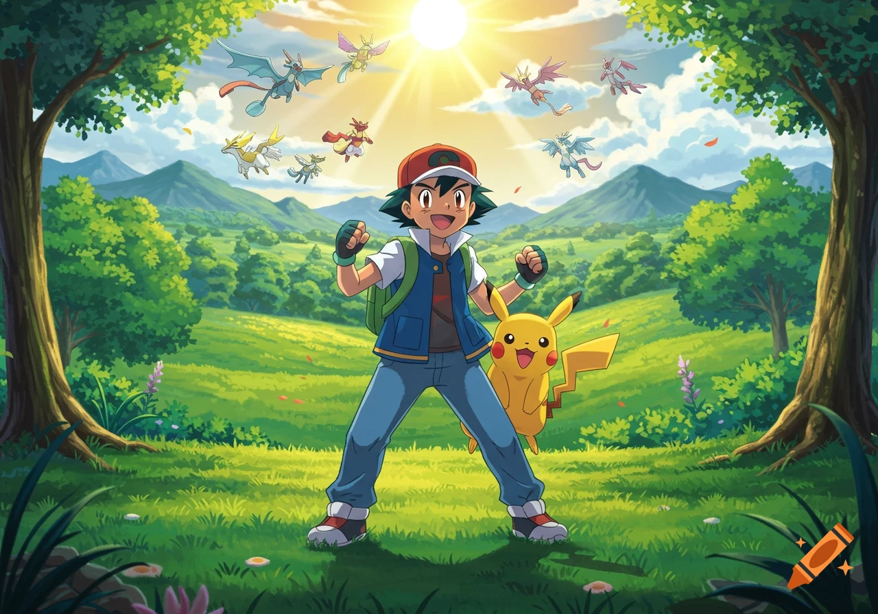 Ash Ketchum, Pikachu, and various flying Pokémon in a vibrant green landscape with mountains and trees under a sunny sky.
