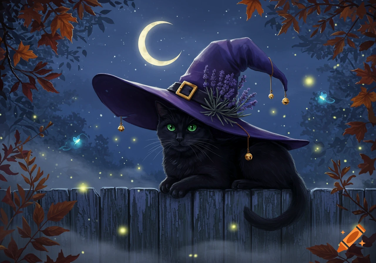 A black cat with glowing green eyes wears a purple witch's hat, sitting on a wooden fence under a crescent moon with fireflies and autumn leaves.