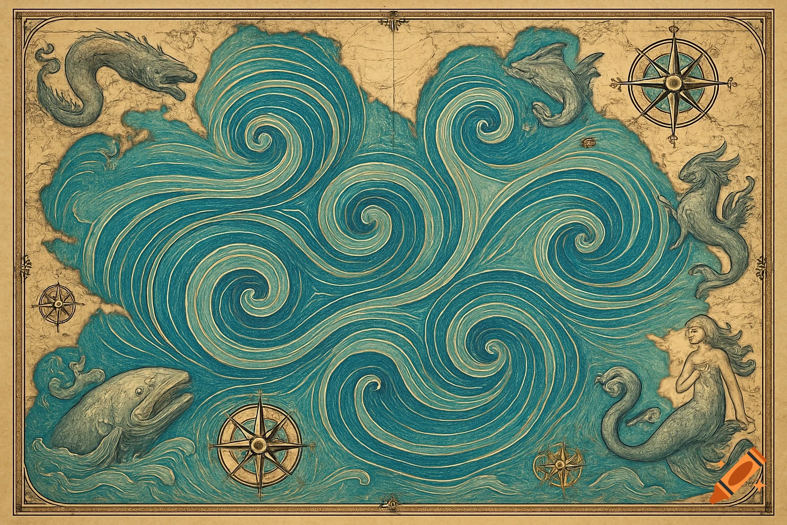 Stylized old nautical map with swirling blue ocean, sea creatures, compass roses on parchment.