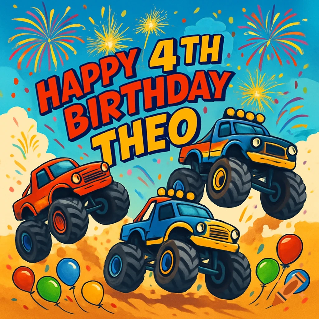 A vibrant cartoon depicts three monster trucks on a dirt track under fireworks, with "HAPPY 4TH BIRTHDAY THEO" text.