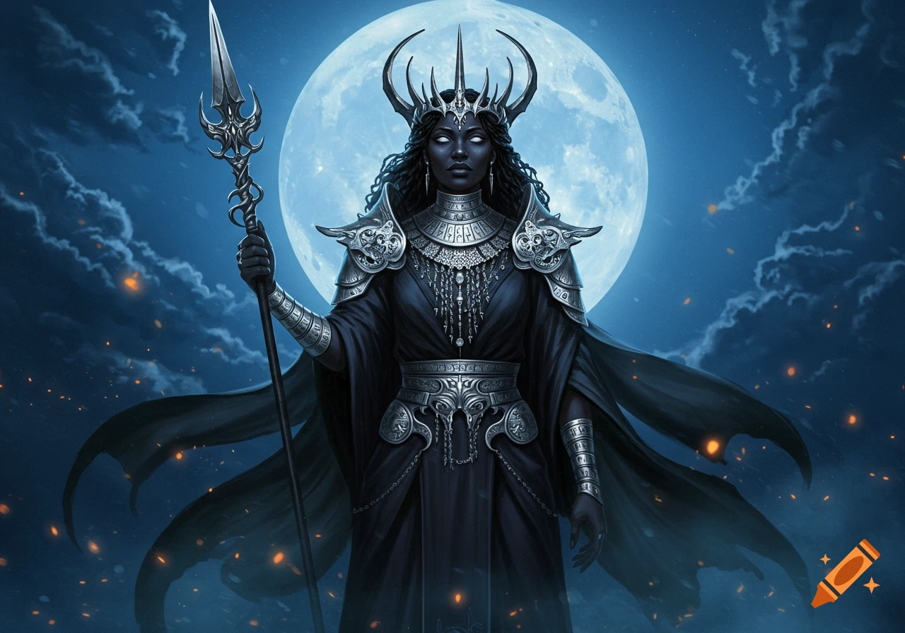 A black-skinned warrior goddess with white eyes, a horned crown, and silver armor holds a spear against a large full moon at night.
