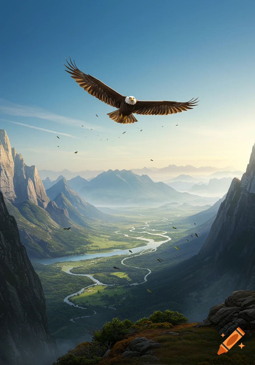 A bald eagle with outstretched wings soars majestically over a winding river valley nestled between towering mountains at sunset.