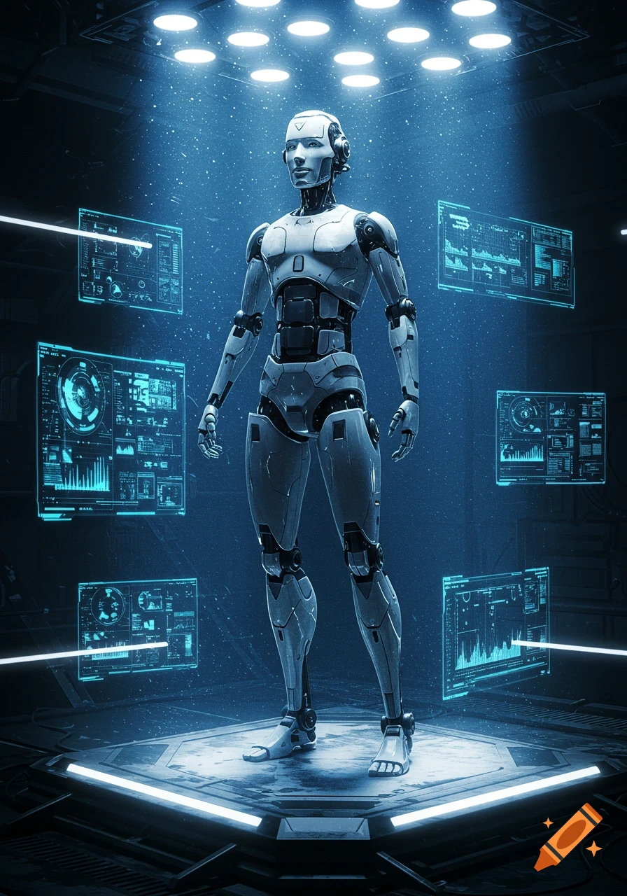 A humanoid robot stands on a glowing platform in a dark, futuristic chamber surrounded by holographic data screens, illuminated by overhead lights.