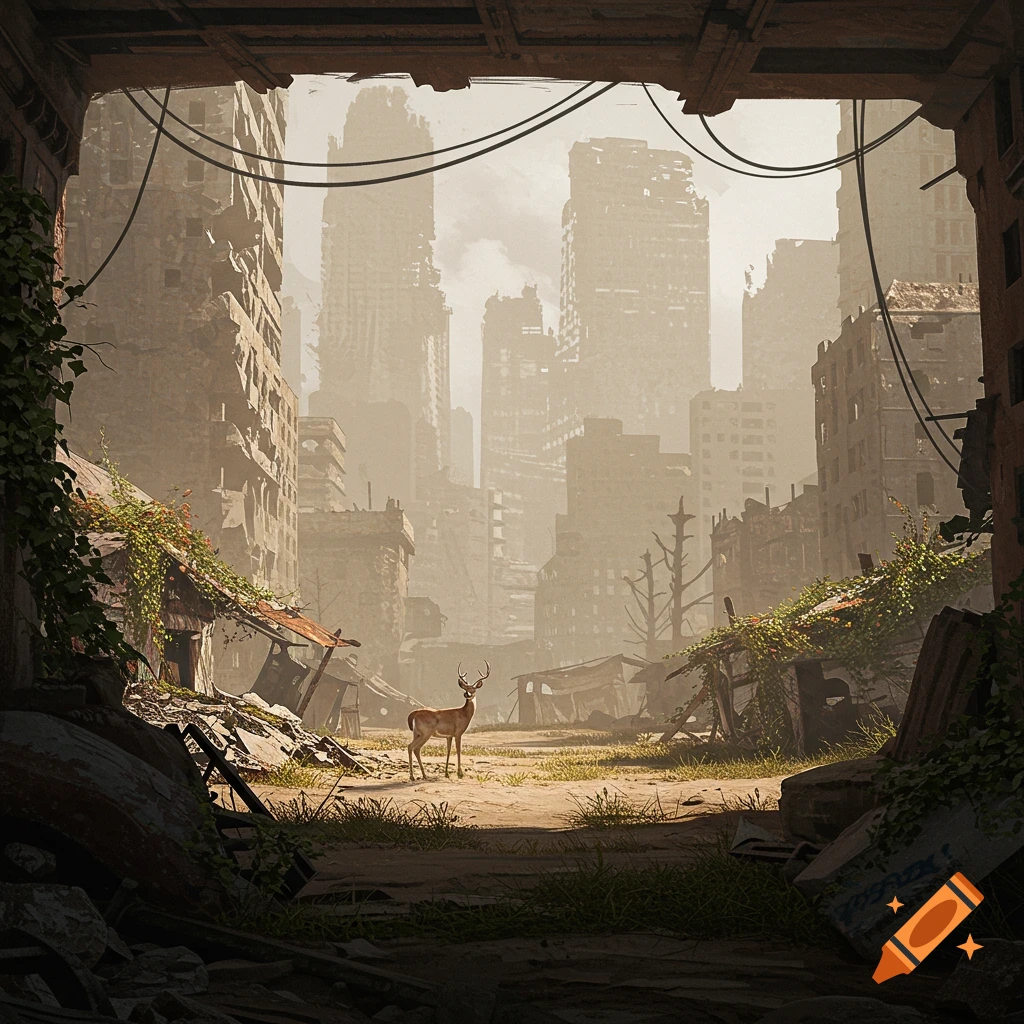 A deer stands in the middle of a post-apocalyptic city street, surrounded by ruined buildings and overgrown vegetation under a hazy sky.