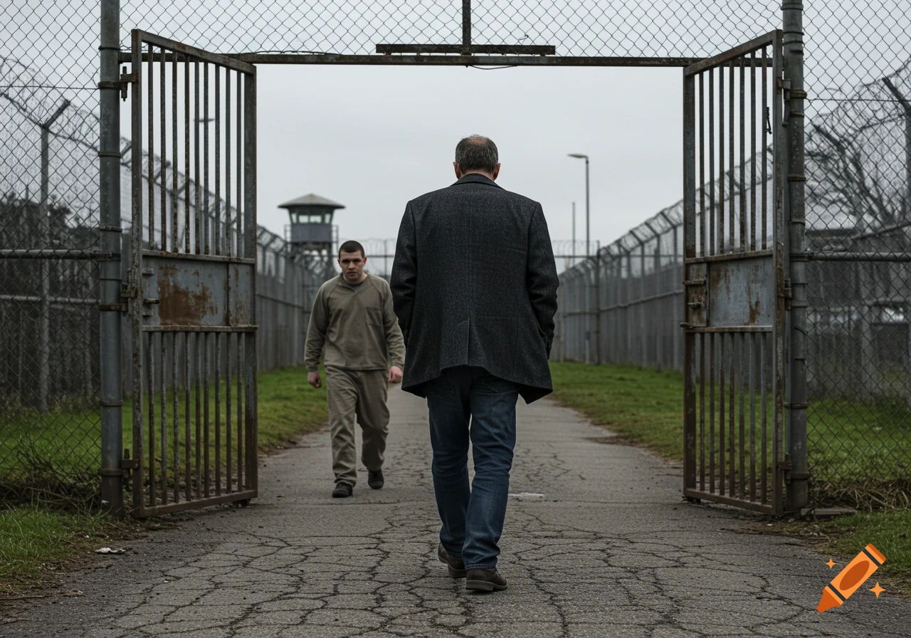 A man in a suit walks out of open prison gates as another man in an inmate uniform walks in, on a cracked asphalt path under an overcast sky.