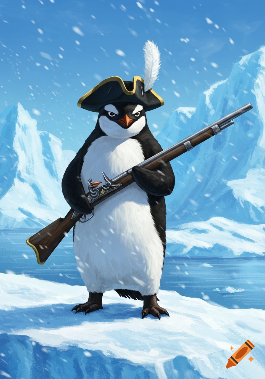 A cartoon penguin wearing a pirate hat with a feather, holding a musket, stands in a snowy arctic landscape with icebergs.