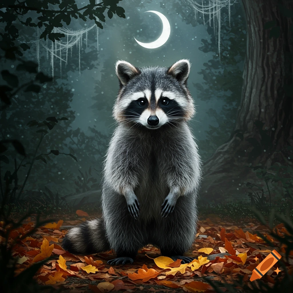 A fluffy raccoon stands on its hind legs in a moonlit forest with autumn leaves on the ground.