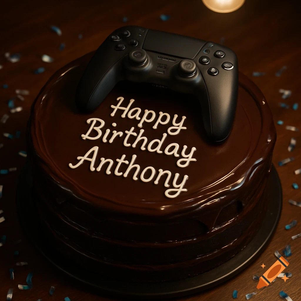 A dark chocolate birthday cake with "Happy Birthday Anthony" in white icing, topped with a black PS5 controller and blue sprinkles.